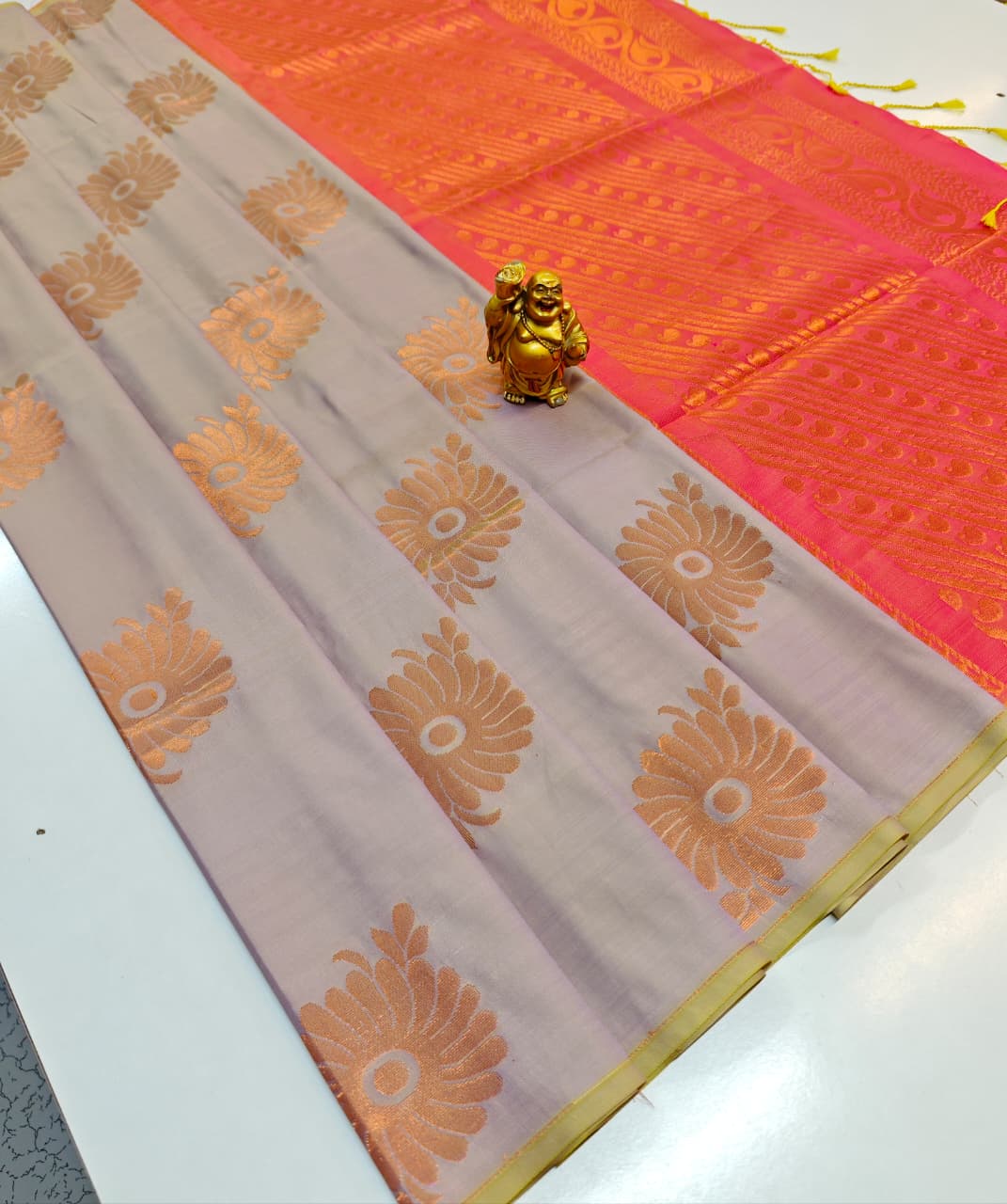 Pastel Grey Cotton Soft Silk Saree with Lime Green Zari Elegance